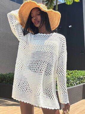 🐚 Show Me Your Mumu Paula Crochet Pullover Cover Up White Knit XS NWOT